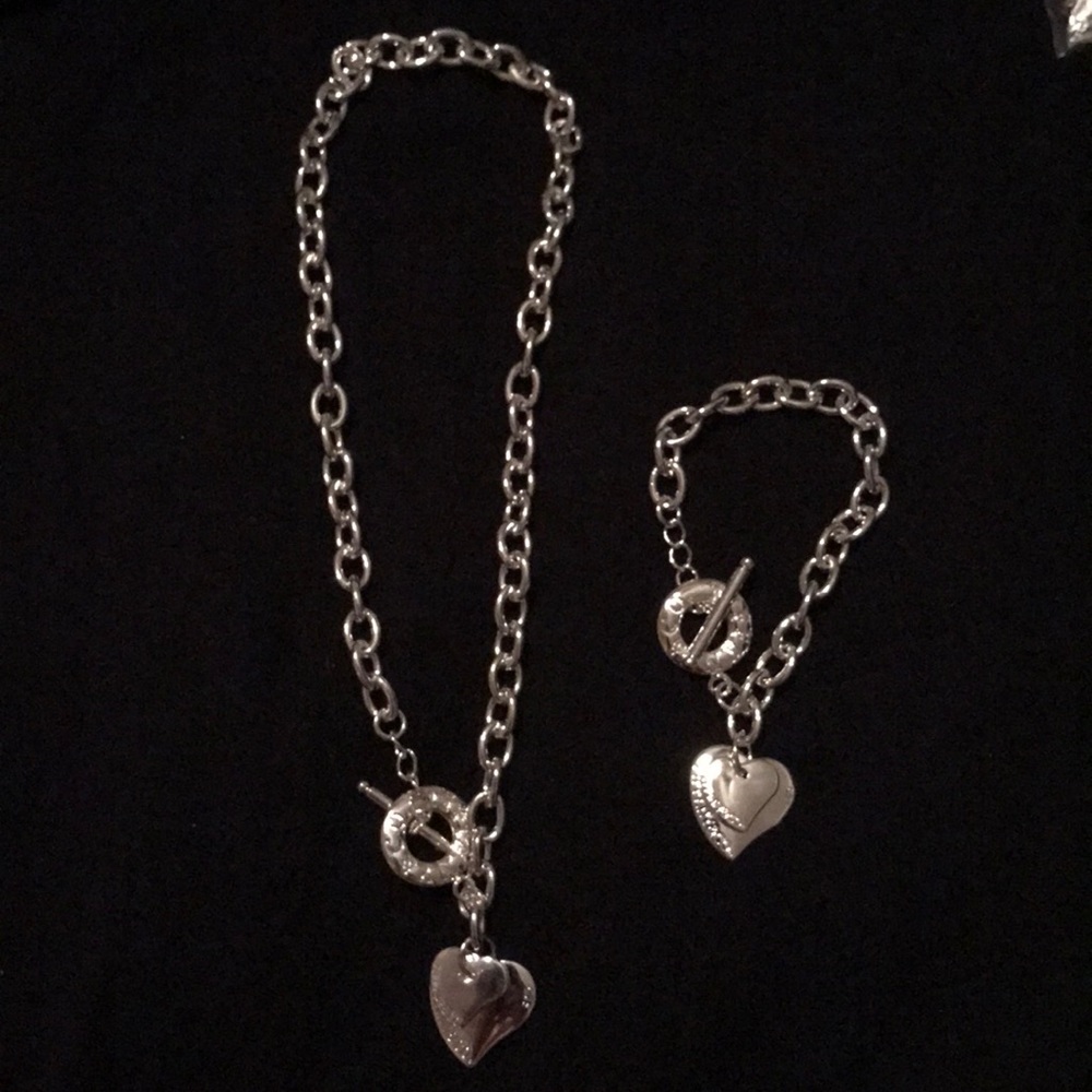 Silver heart charm choker and bracelet set